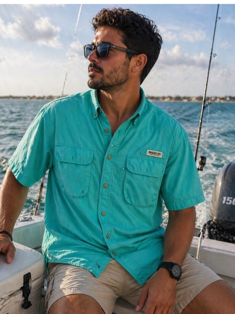 Magellan Outdoors Men's Teal Short-Sleeve Button-Down Fishing Shirt